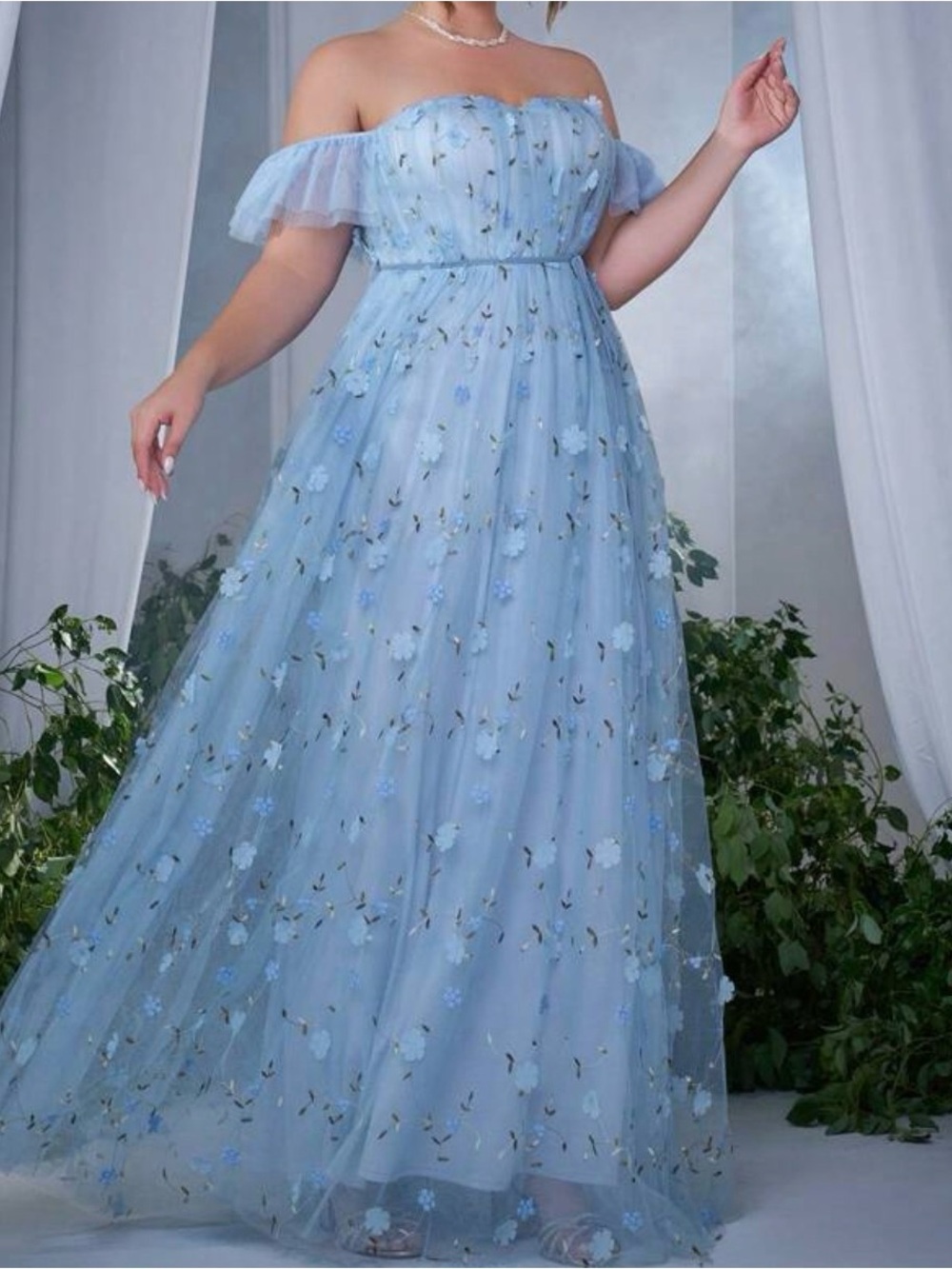 Off-Shoulder Light Blue Floral Tulle Evening Dress